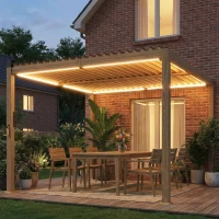 Outsunny 10' x 10' Louvered Pergola with Solar LED lights, Metal Roof, Outdoor Pergola Patio Gazebo with Drainage Gutters, Brown(m-2)