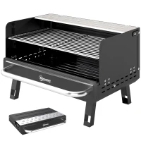 Outsunny Charcoal BBQ Grill, Portable Barbecue Grill with Adjustable Grates, Foldable Legs, Side Shelf for Camping Travel, Black(m-2)