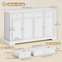 HOMCOM Sideboard Buffet Cabinet, 54" Kitchen Storage Cabinet with Soft-Close Doors, 3 Drawers and 2 Adjustable Shelves, White(m-3)
