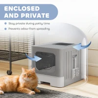 PawHut Cat Litter Box with Lid, Slide-Out Drawer, Scoop, Easy Clean, Odour Control, Anti-Splashing, Grey(m-5)