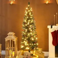 HOMCOM 5 ft Pencil Prelit Christmas Tree with LED Light, Silver Glitter, Dense Pointed Branches, 8 Modes, Slim Xmas Tree(m-10)