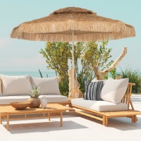 Outsunny 10 ft. Hula Thatched Tiki Patio Outdoor Umbrella with 8 Ribs, UPF30+, for Garden, Backyard, Deck, Pool, Natural