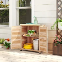 Outsunny Garden Storage Cabinet, Outdoor Potting Bench Table with Metal Tabletop, Shelf and Double Doors, Natural(m-8)