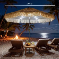 Outsunny 9 ft Hula Thatched Tiki Patio Umbrella with LED Solar Light, Outdoor Umbrella with Crank, Tilt, UPF30+, Khaki(m-3)