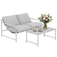 Outsunny 2 Piece Patio Furniture Set, Outdoor Loveseat Sofa Set with Thick Cushions and Coffee Table for Porch Garden, Light Grey(m-11)