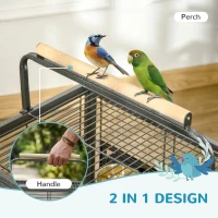 PawHut Bird Travel Carrier Cage, Portable Metal Bird Cage for Parrots Conures Cockatiel Parakeets with Stand Perch, Stainless Steel Bowls, Pull Out Tray, 19" x 15" x 26", Black(m-10)