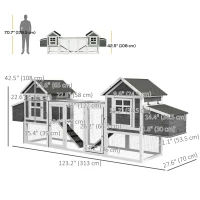 PawHut 123" Extra Large Chicken Coop Wooden Poultry House Rabbit Hutch Hen Backyard with Run Ramps and Nesting Boxes, Grey(m-3)