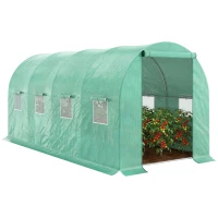 Outsunny 15' x 7' x 6.5' Walk-in Tunnel Hoop Greenhouse, Green House for Outside with PE Cover, Steel Frame, Roll-Up Zipper Door & Windows for Flowers, Vegetables, Tropical Plants, Green(m-1)
