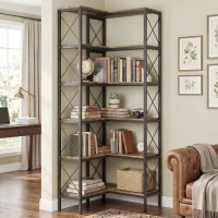 HOMCOM 5-Tier L-Shaped Bookshelf, Freestanding Bookcase with Metal Frame, Rustic Brown(m-8)