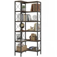 HOMCOM 5-Tier L-Shaped Bookshelf, Freestanding Bookcase with Metal Frame, Rustic Brown(m-11)
