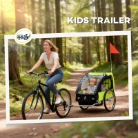 Aosom 2-Seat Child Bike Trailer for Kids with a Strong Steel Frame, 5-Point Safety Harnesses, & Comfortable Seat, Green(m-4)