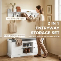 HOMCOM 2 in 1 Coat Rack Shoe Bench Set with 6 Hooks and Shoe Storage Bench, White and Grey(m-4)