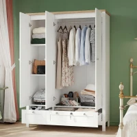 HOMCOM 3 Doors Wardrobe Closet with 2 Drawers, Bedroom Armoire with Lockable Drawer, Hanging Rod and Storage Shelves, White(m-2)