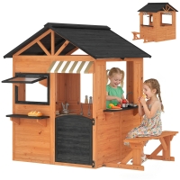 Qaba Wooden Kids Playhouse with Play Kitchen, Picnic Bench, Serving Station, Windows and Door for Backyard, Ages 3–8, Brown