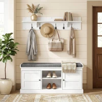 HOMCOM 2 in 1 Coat Rack Shoe Bench Set with 6 Hooks and Shoe Storage Bench, White and Grey(m-8)