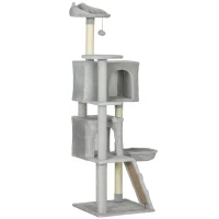 PawHut 63 Inch Cat Tree with Sisal Scratching Posts, Condos, Plush Perches, Hammock, Ladder, Dangling Balls, Light Grey(m-2)