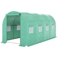 Outsunny 15' x 7' x 6.5' Walk-in Tunnel Hoop Greenhouse, Green House for Outside with PE Cover, Steel Frame, Roll-Up Zipper Door & Windows for Flowers, Vegetables, Tropical Plants, Green(m-11)