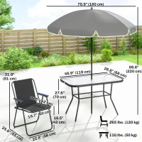Outsunny 8 Piece Patio Table and Chairs Set with Folding Chairs, Tempered Glass Tabletop and Umbrella for Garden, Black(m-3)