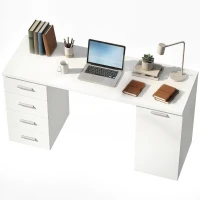 HOMCOM 140 cm Computer Desk with Adjustable Shelf Home Office Desk with Drawers and Cabinet White Wood Grain(m-2)