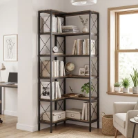 HOMCOM 5-Tier L-Shaped Bookshelf, Freestanding Bookcase with Metal Frame, Rustic Brown(m-10)