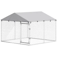 PawHut 7.5' x 7.5' x 5.6' Outdoor Dog Kennel Heavy Duty Galvanized Steel Chain Link with UV-resistant Roof, Silver(m-2)