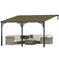 Outsunny 13' x 10' Lean to Gazebo, Hardtop Wall Mounted Outdoor Pergola with Polycarbonate Roof and Metal-Aluminium Frame(m-2)
