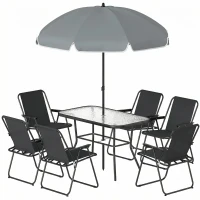 Outsunny 8 Piece Patio Table and Chairs Set with Folding Chairs, Tempered Glass Tabletop and Umbrella for Garden, Black(m-2)