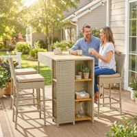 Outsunny 5 Piece Wicker Outdoor Bar Set, Acacia Wood Outdoor High Top Table and Chairs with 3 Tier Shelves, Cushions, Brown(m-2)