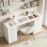 HOMCOM 140 cm Computer Desk with Adjustable Shelf Home Office Desk with Drawers and Cabinet White Wood Grain(m-1)