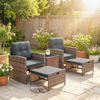 Outsunny 5 Piece Patio Furniture Set, Wicker Patio Chairs with Ottomans, 2-Tier Glass Coffee Table and Cushions, Brown/Dark Grey(m-8)