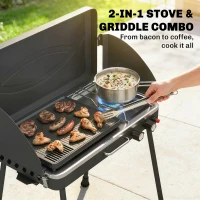 Outsunny 2-in-1 Camping Stove & Gas Griddle Combo, 20,000 BTU Portable Propane Grill with Detachable Legs, Wind Guards, Black(m-4)