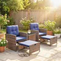 Outsunny 5 Piece Patio Furniture Set, Wicker Patio Chairs with Ottomans, 2-Tier Glass Coffee Table and Cushions, Brown/Dark Blue(m-8)