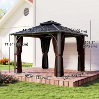 Outsunny 10' x 10' Hardtop Gazebo with 7mm Polycarbonate Double-Tier Roof, Outdoor Gazebo with Netting and Curtains, Coffee(m-3)
