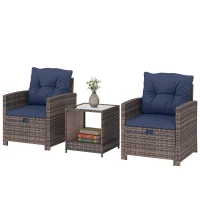 Outsunny 5 Piece Patio Furniture Set, Wicker Patio Chairs with Ottomans, 2-Tier Glass Coffee Table and Cushions, Brown/Dark Blue(m-2)