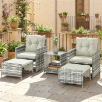 Outsunny 5-Piece Outdoor Patio Furniture Set, Wicker Patio Chairs with Ottomans, 2-Tier Glass Coffee Table and Cushions, Modern Garden Conversation Set, Grey and Cream White(m-8)