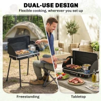 Outsunny 2-in-1 Camping Stove & Gas Griddle Combo, 20,000 BTU Portable Propane Grill with Detachable Legs, Wind Guards, Black(m-5)