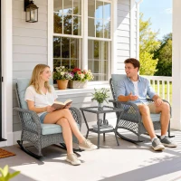 Outsunny Rocking Bistro Set, 3 Piece Wicker Patio Furniture with High Back Rocking Chairs and 2-Tier Glass Table, Light Grey(m-1)