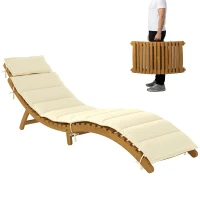 Outsunny Folding Chaise Lounge Chair Outdoor, Acacia Wood Lounger Tanning Chair with Cushion, Headrest, Cream White(m-11)