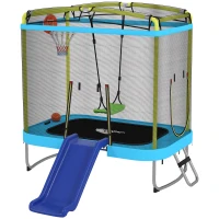 Qaba 70" x 47" Trampoline for Kids Indoor & Outdoor with Slide, Swing, Basketball Hoop and Safety Enclosure, Light Blue(m-2)