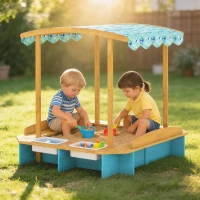 Qaba Wooden Sandbox with Dinosaur Print Canopy Kids Sandbox Outdoor with Bench Seats & 2 Storage Bins(m-2)