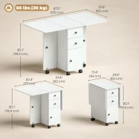 HOMCOM Drop Leaf Dining Table, Mobile Folding Table on Wheels with Drawers and Cabinet for Dining Room, Kitchen, Marble White(m-3)