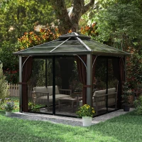 Outsunny 10' x 10' Hardtop Gazebo with 7mm Polycarbonate Double-Tier Roof, Outdoor Gazebo with Netting and Curtains, Coffee(m-10)