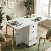 HOMCOM Drop Leaf Dining Table, Mobile Folding Table on Wheels with Drawers and Cabinet for Dining Room, Kitchen, Marble White(m-10)