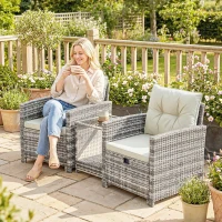 Outsunny 5-Piece Outdoor Patio Furniture Set, Wicker Patio Chairs with Ottomans, 2-Tier Glass Coffee Table and Cushions, Modern Garden Conversation Set, Grey and Cream White(m-10)