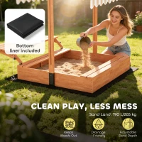 Qaba Kids Sandbox with Canopy, Wooden Sand Box with Foldable Picnic Table, Bench Seats, Liner, Cover, Gift for Ages 3-8(m-7)