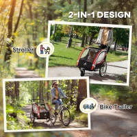 Aosom 2 Seat Bike Trailer for Kids 2-in-1 Double Baby Stroller with Handbrake, Rubber Wheels, 5 Point Harness, Waterproof Cover, Storage Bag, Reflectors, Red(m-4)