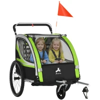 Aosom 3-in-1 Bike Trailer for Kids, Running Stroller with 2 Seats, Jogging Cart with 5-Point Harness, Storage Units, Green(m-1)