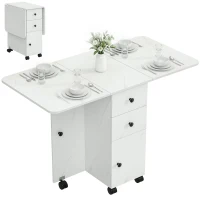 HOMCOM Drop Leaf Dining Table, Mobile Folding Table on Wheels with Drawers and Cabinet for Dining Room, Kitchen, Marble White(m-11)