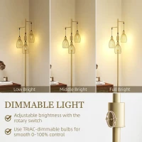 HOMCOM Industrial Floor Lamp with 3 Hanging Wire Lampshades, Dimmable Standing Lamp for Living Room, Gold(m-4)