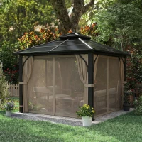 Outsunny 10' x 10' Hardtop Gazebo with 7mm Polycarbonate Double-Tier Roof, Outdoor Gazebo with Netting and Curtains, Khaki(m-10)